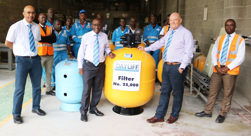 Davis & Shirtliff Chairman, Group CEO George Mbugua with Technical Director Philip Holi Pictured taking a photo with the D&S manufactured filters